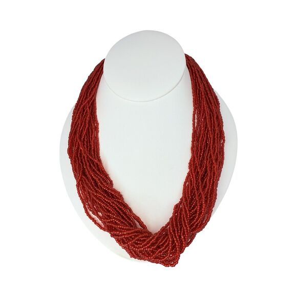 Red Seed Bead Layered Statement Necklace 21", Bold & Heavy Design - Picture 3 of 13